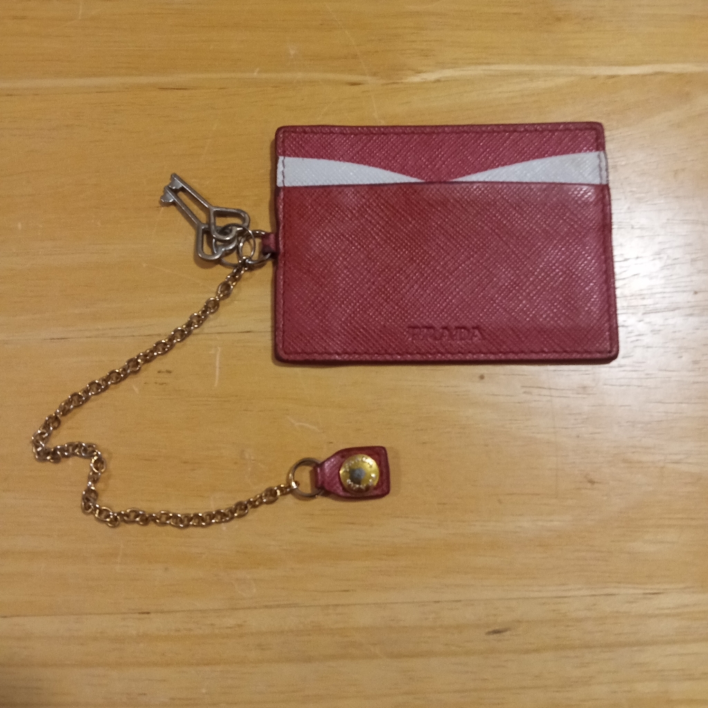 Prada Red And White Saffiano Leather Card Holder